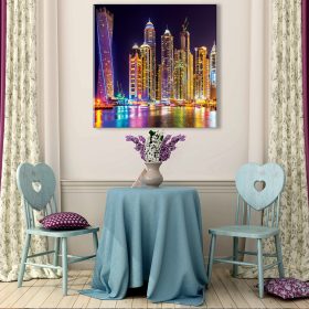 Muurdecoratie met canvas foto van kleurrijke nacht stad